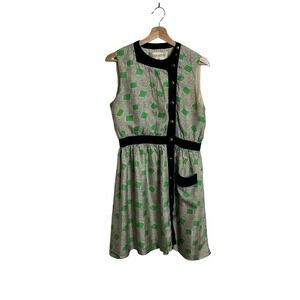 Lauren Moffatt Anthropologie Size 6 Green Geometric Print Silk Dress Navy Trim